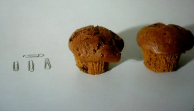 Some paperclips and two chocolate chip muffins